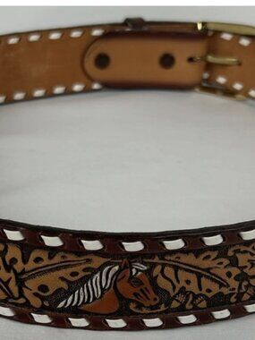 Vintage Sunbelt Horse Leaf Print Steer Hide Tooled Leather Belt Mens Size 32
